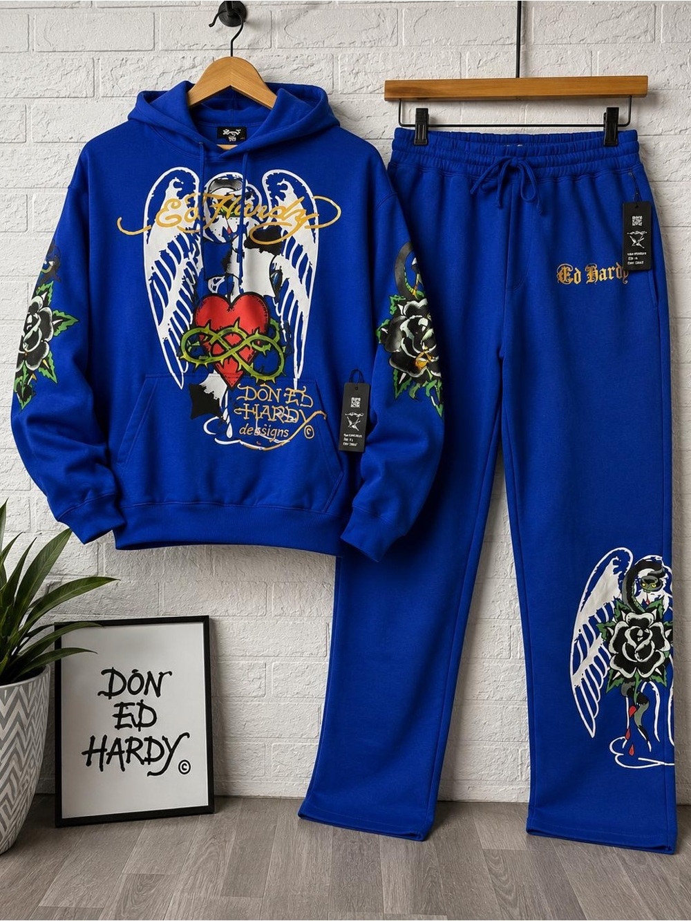 Ed Hardy Blue Hoodie Sweatpants Tracksuit Set 2 Piece Graphic Angel Heart NWT